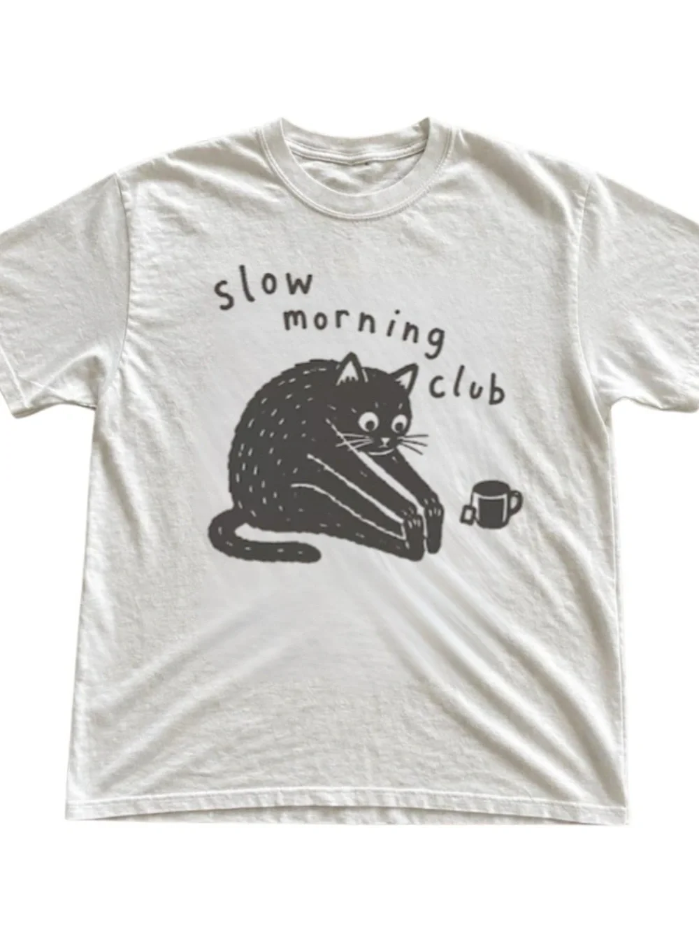 White Tee with Black Slow Morning Club Cat Graphic